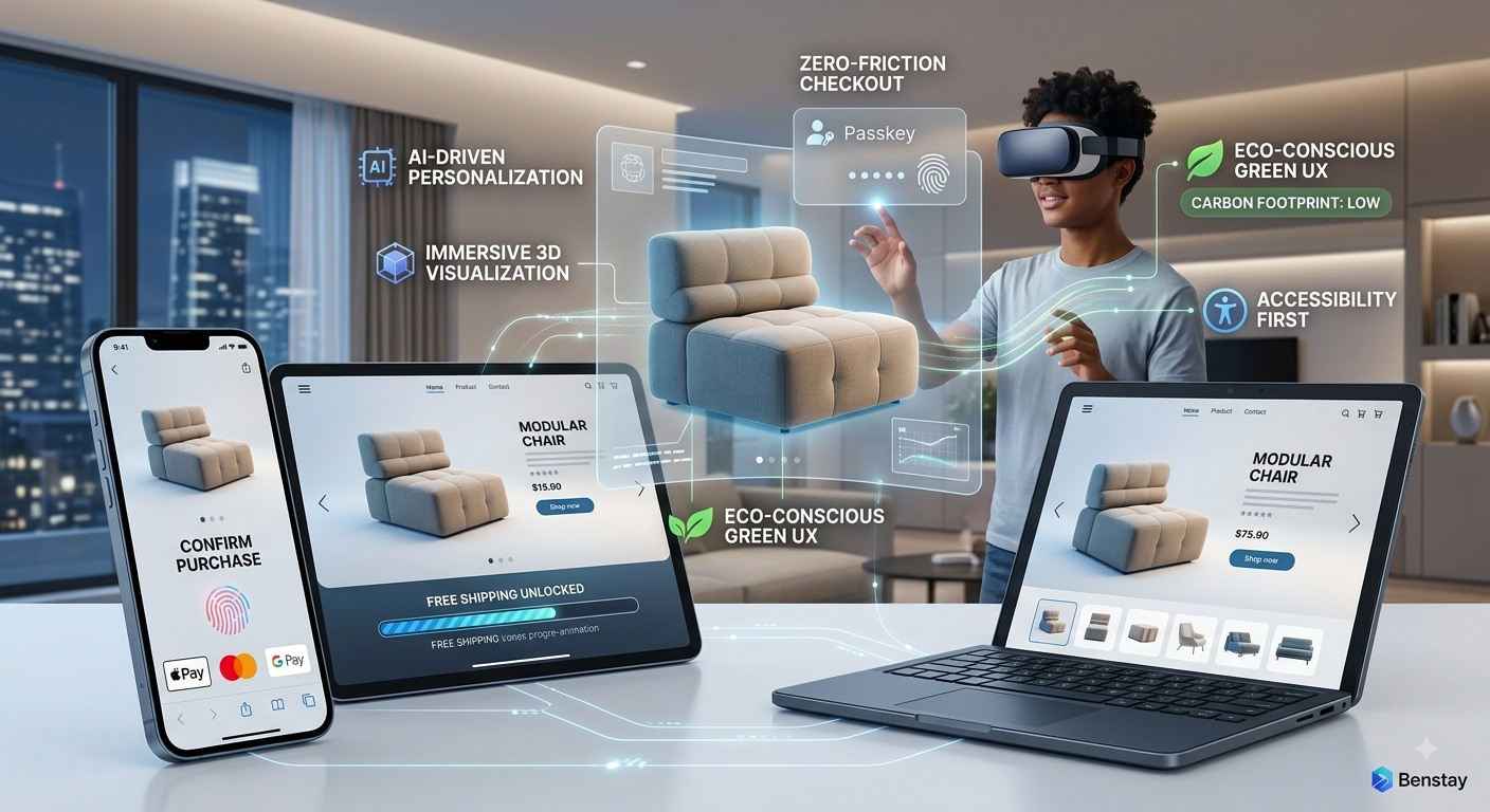 A young person in a high-tech apartment wearing a VR/AR headset, interacting with a holographic 3D model of a modular chair. Floating holographic labels include "AI-Driven Personalization," "Zero-Friction Checkout," "Eco-Conscious Green UX," and "Accessibility First." Foreground devices—a smartphone, tablet, and foldable laptop—display matching optimized interfaces with biometric and digital wallet payment options. The modern cityscape view is at night. Benstay logo present.