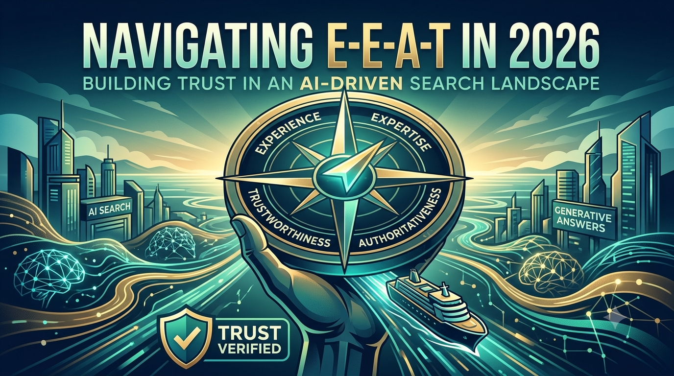 An infographic featuring a golden compass titled "NAVIGATING E-E-A-T IN 2026" with four pillars: Experience, Expertise, Authoritativeness, and Trustworthiness. A futuristic hand holds the compass over a digitized cityscape with "AI SEARCH" and "GENERATIVE ANSWERS" buildings, brain structures, a ship, and a "TRUST VERIFIED" shield.