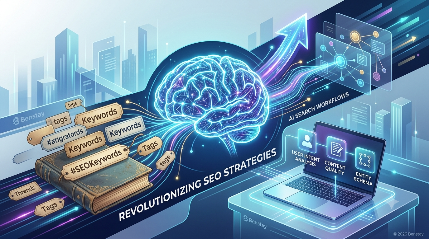 A detailed infographic and illustration showing a glowing neural network brain at the center. To its left, a vintage book with labels like '#SEOKeywords' and 'Keywords' is being drawn in. From the brain, colorful data streams flow right towards a modern laptop. An arrow made of light points upwards. Transparent panels with icons for 'USER INTENT ANALYSIS', 'CONTENT QUALITY', and 'ENTITY SCHEMA' float near the laptop. The text 'AI SEARCH WORKFLOWS' and 'REVOLUTIONIZING SEO STRATEGIES' is integrated into the visual. A modern city landscape and data streams are in the background. Subtle Benstay logos are present.