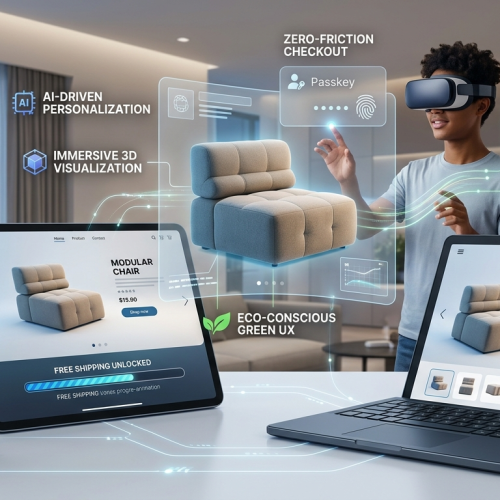A young person in a high-tech apartment wearing a VR/AR headset, interacting with a holographic 3D model of a modular chair. Floating holographic labels include "AI-Driven Personalization," "Zero-Friction Checkout," "Eco-Conscious Green UX," and "Accessibility First." Foreground devices—a smartphone, tablet, and foldable laptop—display matching optimized interfaces with biometric and digital wallet payment options. The modern cityscape view is at night. Benstay logo present.