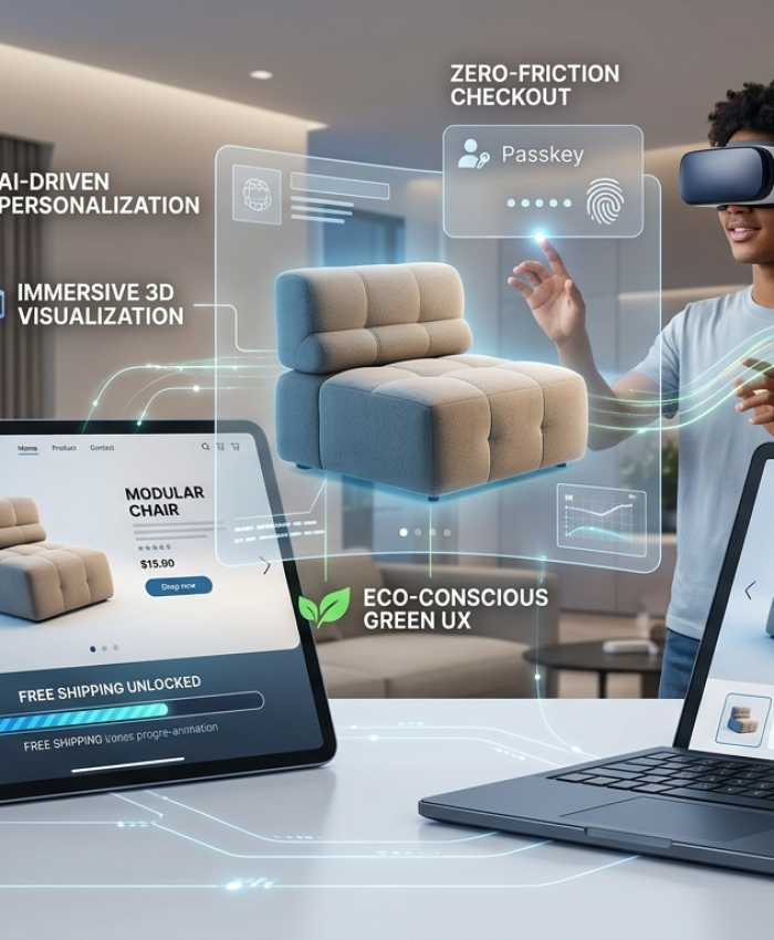 A young person in a high-tech apartment wearing a VR/AR headset, interacting with a holographic 3D model of a modular chair. Floating holographic labels include "AI-Driven Personalization," "Zero-Friction Checkout," "Eco-Conscious Green UX," and "Accessibility First." Foreground devices—a smartphone, tablet, and foldable laptop—display matching optimized interfaces with biometric and digital wallet payment options. The modern cityscape view is at night. Benstay logo present.