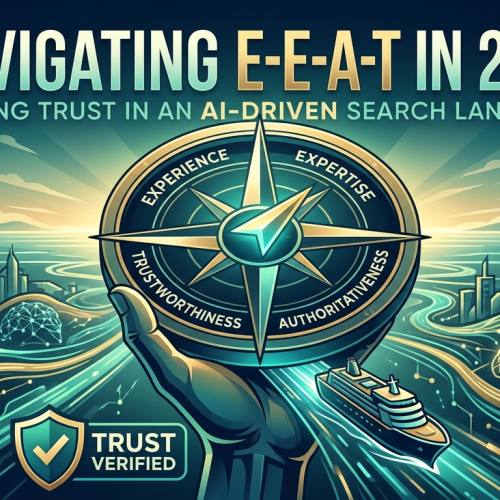 An infographic featuring a golden compass titled "NAVIGATING E-E-A-T IN 2026" with four pillars: Experience, Expertise, Authoritativeness, and Trustworthiness. A futuristic hand holds the compass over a digitized cityscape with "AI SEARCH" and "GENERATIVE ANSWERS" buildings, brain structures, a ship, and a "TRUST VERIFIED" shield.