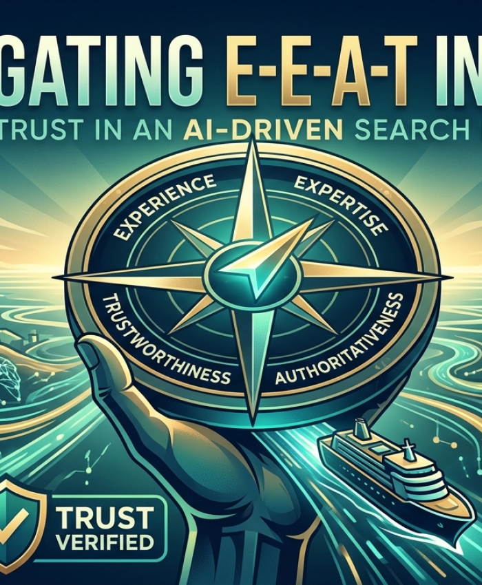 An infographic featuring a golden compass titled "NAVIGATING E-E-A-T IN 2026" with four pillars: Experience, Expertise, Authoritativeness, and Trustworthiness. A futuristic hand holds the compass over a digitized cityscape with "AI SEARCH" and "GENERATIVE ANSWERS" buildings, brain structures, a ship, and a "TRUST VERIFIED" shield.
