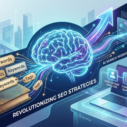 A detailed infographic and illustration showing a glowing neural network brain at the center. To its left, a vintage book with labels like '#SEOKeywords' and 'Keywords' is being drawn in. From the brain, colorful data streams flow right towards a modern laptop. An arrow made of light points upwards. Transparent panels with icons for 'USER INTENT ANALYSIS', 'CONTENT QUALITY', and 'ENTITY SCHEMA' float near the laptop. The text 'AI SEARCH WORKFLOWS' and 'REVOLUTIONIZING SEO STRATEGIES' is integrated into the visual. A modern city landscape and data streams are in the background. Subtle Benstay logos are present.