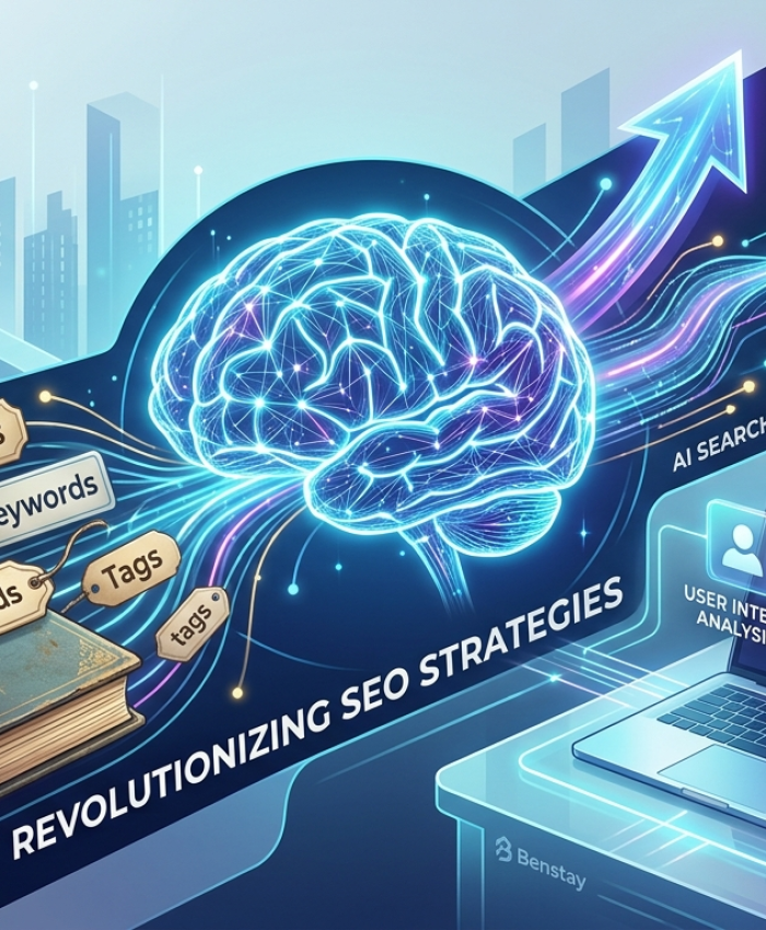 A detailed infographic and illustration showing a glowing neural network brain at the center. To its left, a vintage book with labels like '#SEOKeywords' and 'Keywords' is being drawn in. From the brain, colorful data streams flow right towards a modern laptop. An arrow made of light points upwards. Transparent panels with icons for 'USER INTENT ANALYSIS', 'CONTENT QUALITY', and 'ENTITY SCHEMA' float near the laptop. The text 'AI SEARCH WORKFLOWS' and 'REVOLUTIONIZING SEO STRATEGIES' is integrated into the visual. A modern city landscape and data streams are in the background. Subtle Benstay logos are present.